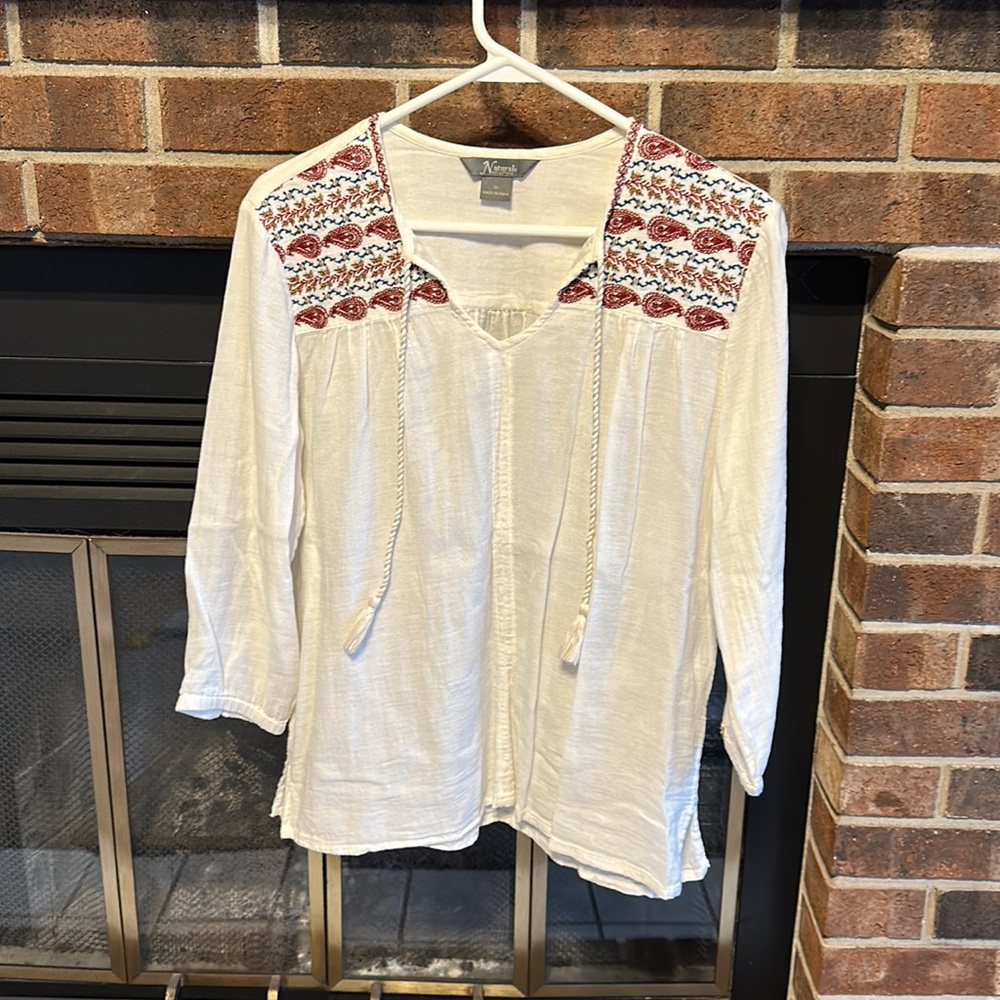 Natural Reflections White Peasant Blouse with Red Embroidery